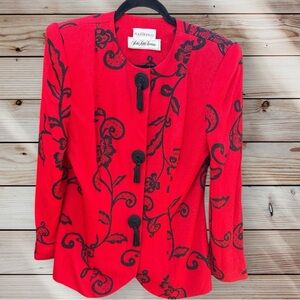 Raul Blanco Saks Fifth Avenue Red & Black Floral Blazer w/tassel buttons sz 10